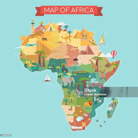 Africa Tourist Map With Famous Landmarks Stock Illustration - Download Image Now - Africa, Map ...