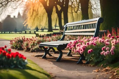 Premium Ai Image A Park Bench With Pink Flowers And A Tree In The