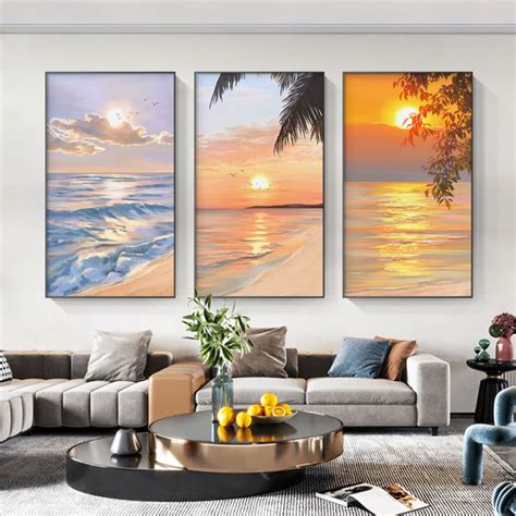 3 Pieces Landscape Sunrise Canvas Painting Modern Decorative Beach Sea