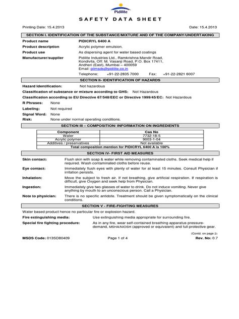 Msds Pidicryl 6400 A Pdf Personal Protective Equipment Toxicity