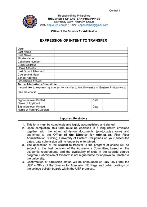 Form 1 UEP Expression of Intent to Transfer - EXPRESSION OF INTENT TO ...