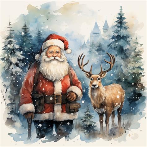 Premium Ai Image Santa Claus And A Deer In A Snowy Forest Generative Ai