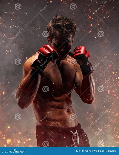 Fighter With Naked Torso Poses In Studio Stock Image Image Of Masculinity Gloves