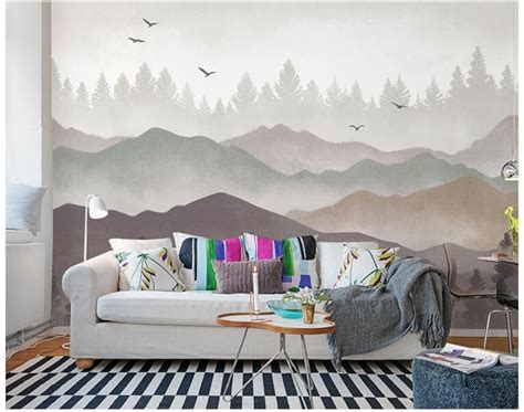 Ombre Mountains Mural Wallpaper Geometry Mountain With Trees Etsy