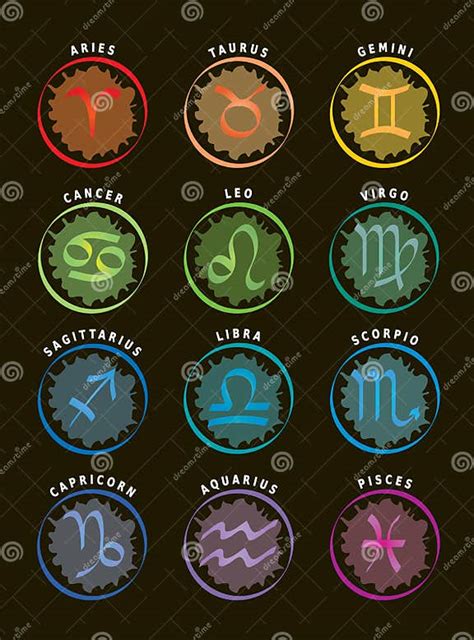 Zodiac Signs 12 Astrology Icons With Names Black Background Stock