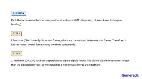 SOLVED: Rank the forces overall of methane, methanol and water (IMF: dispersion, dipole-dipole ...