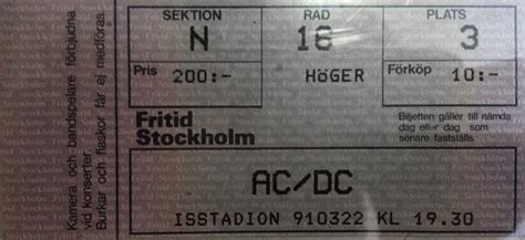 Ac Dc March 22nd 1991 Stockholm Johanneshovs Isstadion Vintage Ticket Concert Tickets Ac