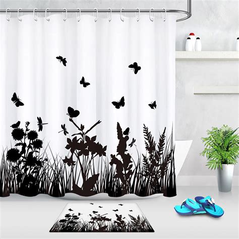 INPERCUST Monochrome Butterfly Floral Shower Curtain Bathroom Spring