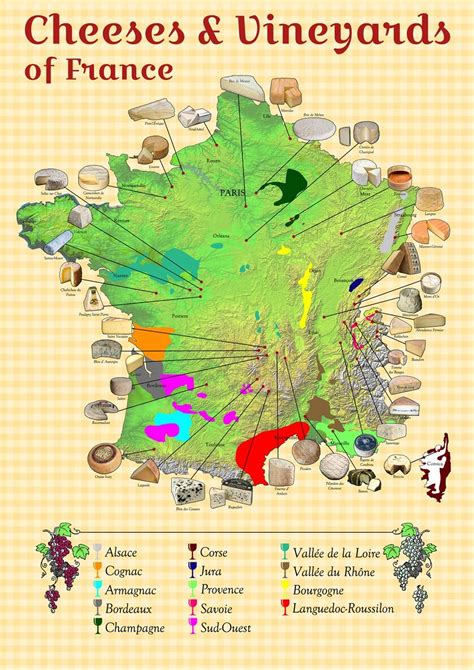 Cheeses And Vineyards Of France Colourful Map Paper Laminated Size