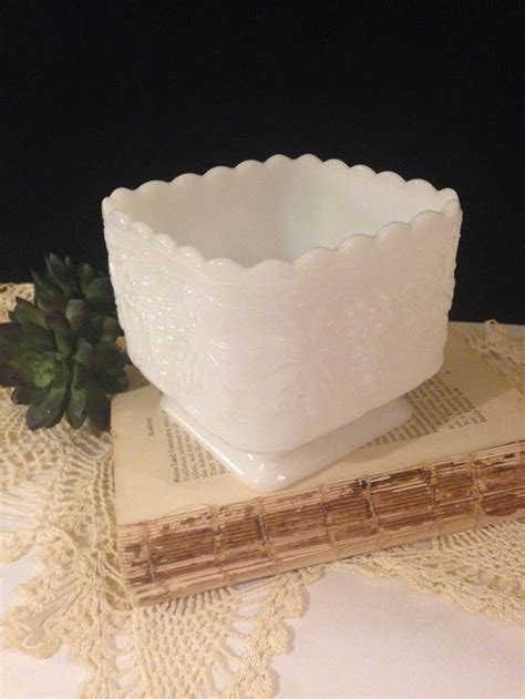 Square White Milk Glass Pedestal Bowl Grape And Leaf Pattern Anchor