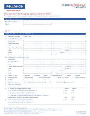 Fillable Online Proposal Form For Reliance Commercial Care Policy Fax