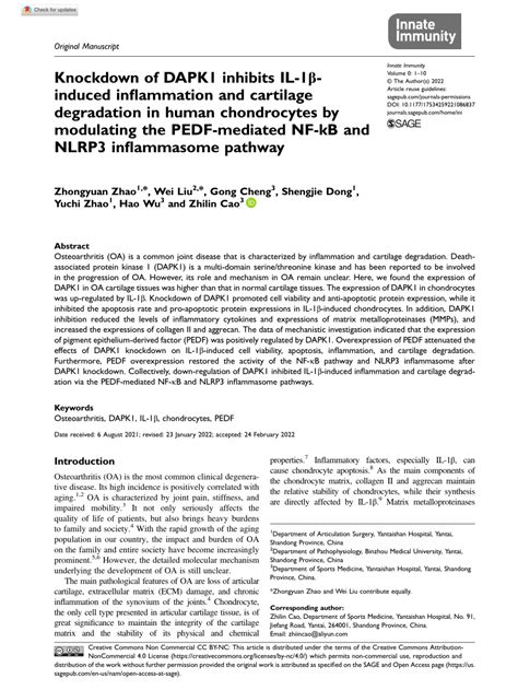 PDF Knockdown of DAPK1 inhibits IL 1β induced inflammation and