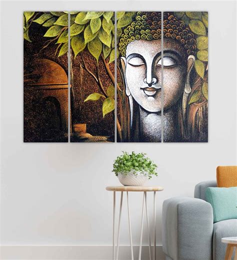 Buy Buddha Religious Green Wood Framed Spiritual Art Panel Set Of 4 At