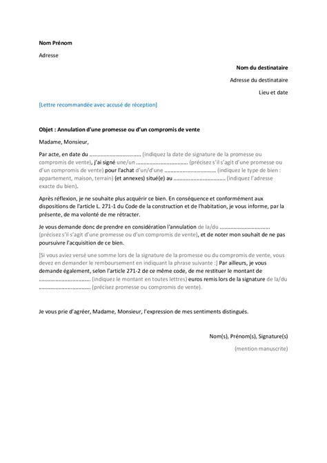 Comment rédiger une lettre dannulation d une promesse ou compromis de