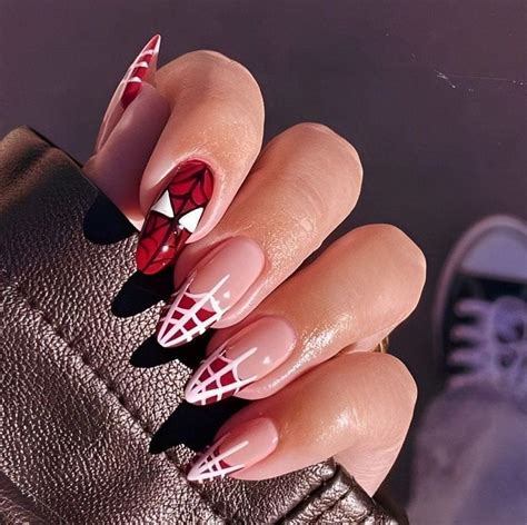 Spiderman Press On Nails Red French Luxury Fake Nails Almond Press On