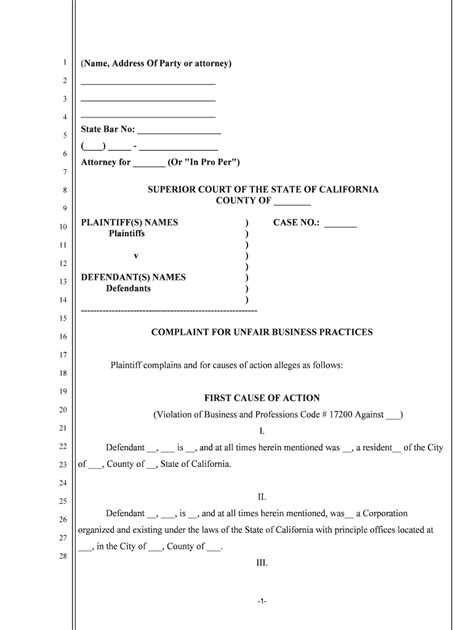 Complaint For Unfair Business Practices Form Fill Out And Sign