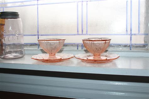 2 Pink Depression Glass Sherbets Plates Sets Cherry Blossom Vintage 1930s