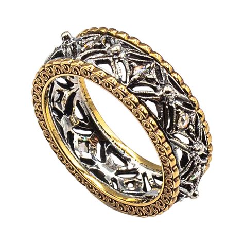 Art Deco Style Handcrafted White Rose Cut Diamond Yellow Gold Band Ring