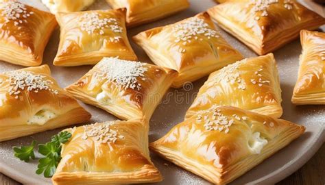 Plate Of Flaky Puff Pastries Filled With Soft And Creamy Cheeses Stock