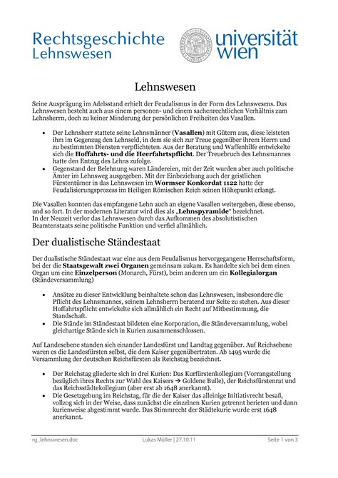 Lehnswesen Tabelle PRGeschichte Rechtsgeschichte Uni Wien StuDocu