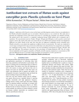 Antifeedant Test Extracts Of Hutun Seeds Against Caterpillar Pests