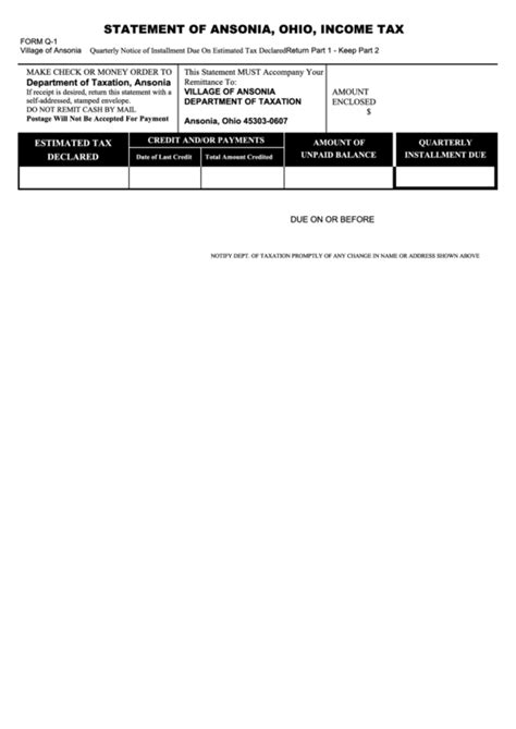 Form Q 1 Quarterly Notice Of Installment Due On Estimated Tax Declared Statement Of Ansonia