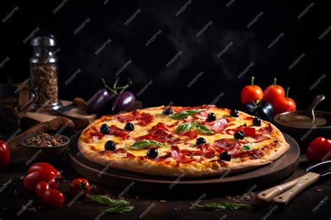 Premium Photo Pepperoni Pizza With Bell Peppers Tomato Olive And Cheese