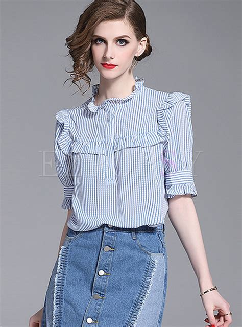 Tops Blouses Striped Ruffled Collar Short Sleeve Blouse