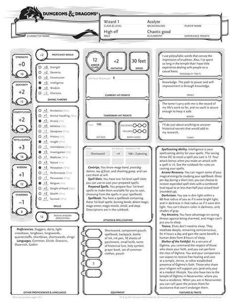 Dandd 5th Edition Wizard Character Sheet