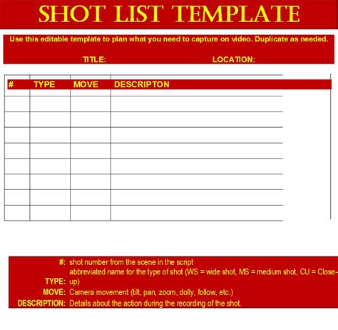 Shot List Templates Excel Word Template