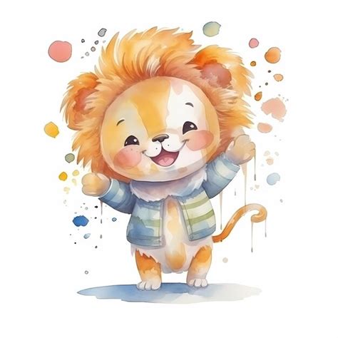 Premium AI Image | Watercolor baby lion character animal wearing crown