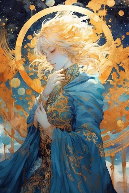 Premium AI Image A Painting Of A Woman With Blonde Hair And A Blue Dress With A Gold Leaf Pattern