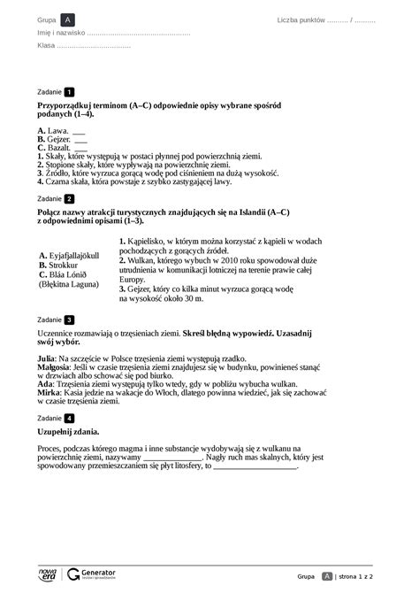 Test Wulkany I Trzesienia Ziemi Na Islandii Grupa A Strona Z
