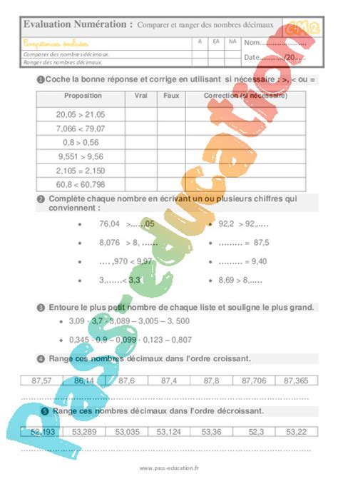 Comparer Et Ranger Des Nombres Décimaux Examen Evaluation Avec La Correction 5eme Primaire