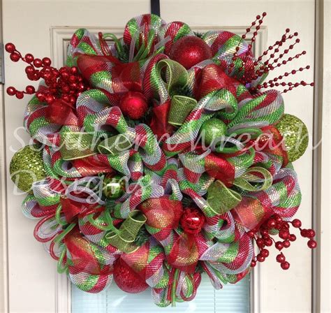 Red Silver And Green Deco Mesh Christmas Wreath