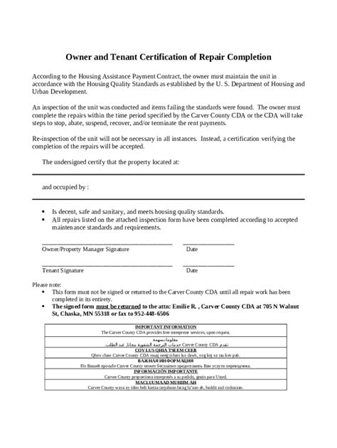 Owner And Tenant Certification Of Repair Completion Doc Template