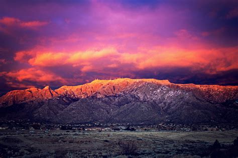 Snow Dusted Sandia Mountains At Magic Hour Stock Photo - Download Image ...