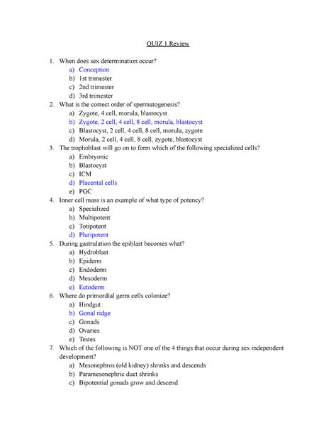 Quiz 1 Multiple Choice Practice Review Quiz 1 Review When Does Sex