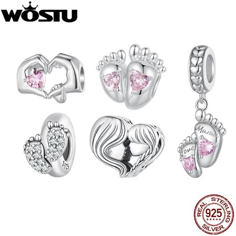 Wostu Sterling Silver Love Pink Footprint Charm Pendant Mother