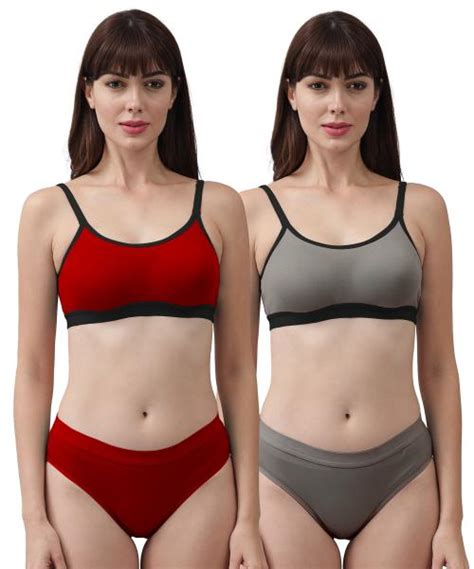 Buy PIBU Women Cotton Bra Panty Set For Lingerie Set Pack Of 2 Color Red Grey Online