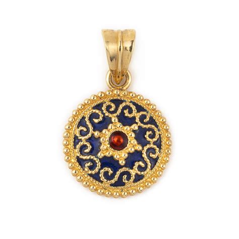 K Solid Gold Round Pendant With Blue And Red Enamel Greek Roots