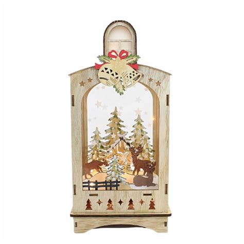 Christmas Lantern Winter Scene Plywood Led Trees Bells Snow Mx181245