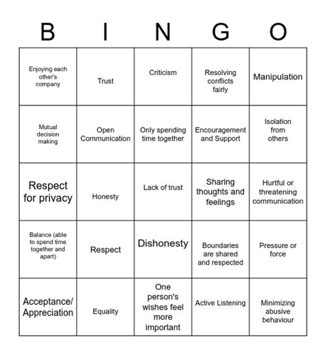 Healthy Relationship Bingo Card