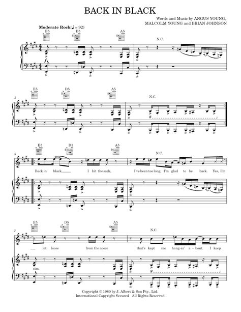 Play Official Version Of Back In Black Sheet Music By Ac Dc For Piano Vocals