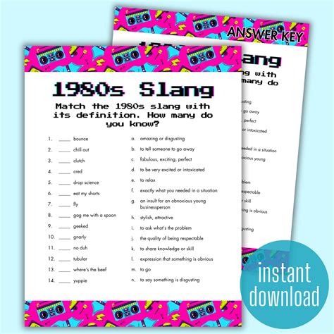 1980s Trivia Slang Game | Play With Kids and Adults | Digital Printable