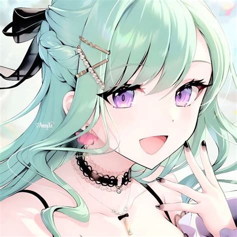 pink  green anime pfp blue hair green eyes green anime girlboss