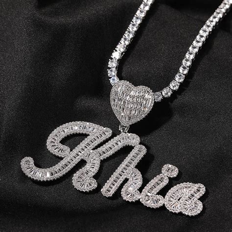 Iced Heart Custom Cursive Name Baguette Pendant Helloice