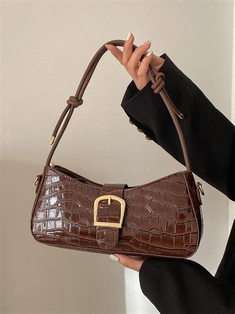 Crocodile Embossed Buckle Decor Baguette Bag In Classy Purses