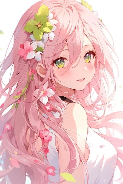 Premium Photo | Anime girl with pink hair and flowers in her hair ...