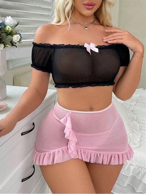 SOLY HUX Sexy Lingerie Set For Women Sheer Mesh Off Shoulder Bra Panty